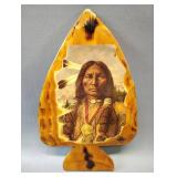NATIVE AMERICAN PRINT ON WOOD ARROWHEAD, 11" TALL AND RESIN TILE FRAMED IN WOOD 7x7 INCHES