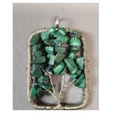 WIRE-WRAPPED \"TREE of LIFE\" PENDANT FEATURING MALACHITE GEMSTONE CHIPS.