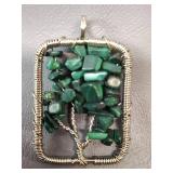 WIRE-WRAPPED \"TREE of LIFE\" PENDANT FEATURING MALACHITE GEMSTONE CHIPS.