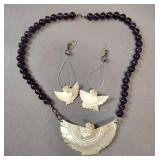 Amethyst Beaded Necklace and earring set with Mother of Pearl Eagle Pendants
