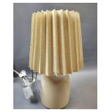 APPEARS NEW, OATMEAL COLORED TABLE LAMP WITH MAGNOLIA RIBBED SHADE APPROXIMATELY 12\" TALL