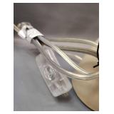 APPEARS NEW, OATMEAL COLORED TABLE LAMP WITH MAGNOLIA RIBBED SHADE APPROXIMATELY 12\" TALL