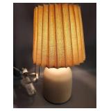 APPEARS NEW, OATMEAL COLORED TABLE LAMP WITH MAGNOLIA RIBBED SHADE APPROXIMATELY 12\" TALL