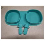 yahaa Silicone Foldable Novelty Dinner Plates,Baby Plates Travel Essential with Forks and Spoons,Microwave & Dishwasher Safe,Aqua