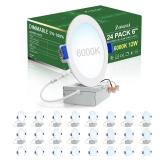 zouzai 24 Pack 6 Inch Ultra-Thin LED Recessed Ceiling Light with Junction Box, 6000K Clear White, 12W 110W Eqv, Dimmable Downlight, 1080LM High Brightness - ETL Certified - Retail: $129.99