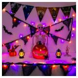FFZZKJ Halloween Lights String Garland Creepy Black Cloth Timer 8 Modes Battery Operated/USB Powered Indoor Outdoor 9.9FT 30LED Black Gauze Hanging Halloween Decorations, Orange&Purple