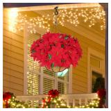BLEUM CADE Artificial Christmas Flowers Hanging Poinsettias with Basket for Outdoors, Artificial Hanging Red Poinsettias for Xmas Decoration, UV Resistant Faux Flowers Christmas Decorations