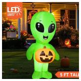 Joiedomi 5ft Tall Halloween Inflatable Alien, Alien Inflatable with Blow Up Pumpkin, Alien Blow Up Yard Decoration with Built-in LED Light for Halloween Party Indoor Outdoor Garden Lawn Yard Decor