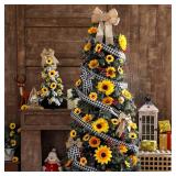 Panelee 62 Pcs Christmas Sunflower Tree Decoration Kit Sunflower Ornaments with 2 Pcs Buffalo Plaid and Burlap Ribbon for Christmas Tree Party Indoor Fireplace Home Decorations