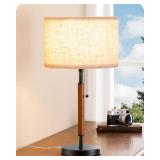 EDISHINE Mid Century Table Lamp, Pull Chain Switch Bedside Lamp with Linen Shade, Solid Wood Pole & Black Metal Base, Modern Nightstand Lamp for Bedroom, Living Room, Office, E26 Base