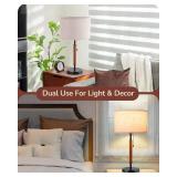 EDISHINE Mid Century Table Lamp, Pull Chain Switch Bedside Lamp with Linen Shade, Solid Wood Pole & Black Metal Base, Modern Nightstand Lamp for Bedroom, Living Room, Office, E26 Base