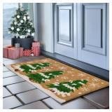 MAINEVENT Christmas Tree Door Mat 30x17 Inch, Winter Holiday Welcome Mat for Covered Outdoor Area, Coir Doormat w/Non-Slip PVC Backing