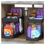 MEAFBIRD 2 Pack Under Sink Organizer, 2 Tier Bathroom Cabinet Organizer with Sliding Basket, Multi-Purpose Under Sink Organizers and Storage for Bathroom Kitchen (Black 2 Pack)