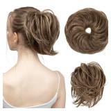 SARLA Messy Hair Bun Hair Pieces Curly Synthetic Updo Fake Scrunchies Ponytail Extension for Women Brunette/Ash Blonde Highlight 1PCS