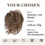 SARLA Messy Hair Bun Hair Pieces Curly Synthetic Updo Fake Scrunchies Ponytail Extension for Women Brunette/Ash Blonde Highlight 1PCS