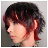 Beweig Short Black Wig with Bangs Black Mix Red Wigs for Women Natural Fluffy Synthetic Hair Womens Wigs