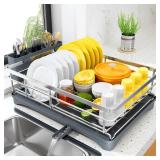 SNTD Dish Drying Rack for Kitchen Counter - Stainless Steel Dish Rack with Drainboard, Large Dish Drainer with Utensil Holder for Sink, Silver