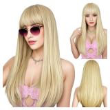 ENTRANCED STYLES Blonde Wig with Bangs, Long Straight Wigs for Women Natural Hair Wigs Synthetic Blond Wigs for Girls Daily Party Halloween Cosplay Wig 22 Inch
