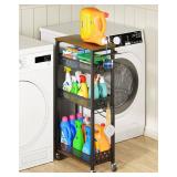 OKZEST Rolling Slim Storage Cart, 4-Tier Narrow Bathroom Organizers and Storage Cart, Metal Narrow Kitchen Laundry Room Organization Shelf with Wood Top, Slim Utility Cart with Wheels for Small Space