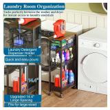OKZEST Rolling Slim Storage Cart, 4-Tier Narrow Bathroom Organizers and Storage Cart, Metal Narrow Kitchen Laundry Room Organization Shelf with Wood Top, Slim Utility Cart with Wheels for Small Space