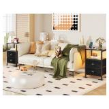 Furologee Nightstands Set of 2, End Tables with Charging Station and LED Lights, Black Night Stands with 2 Fabric Drawers, Bedside Tables Set of 2 for Living Room/Bedroom,Black Oak