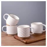 GBHOME 12OZ Stackable Coffee Mugs, Ceramic Coffee Mugs with Texture Patterns for Man,Woman,Dad,Mom, Modern Coffee Mugs Set of 4 for Latte/Cappuccino/Cocoa. Dishwasher&Microwave Safe, Off White