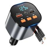 Retractable PD 30W Type-C and for iPhone Charger with Bluetooth 5.3 Car Adapter, FM Transmitter, Hands-Free Calling, MP3 Player, LED Display, and USB Support, Best Car Accessories for Phone