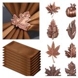 Suttmin 8 Sets Fall Thanksgiving Cloth Napkins and Napkin Ring Holders Reusable 8 Pcs Napkin Ring Holders with 8 Pcs Cloth Napkins for Party Table Decoration(Maple Leaf)