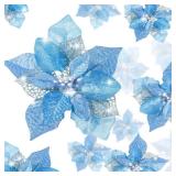 Boao 24 Pieces Christmas Artificial Glitter Poinsettia Flowers Xmas Flowers Wedding Christmas Tree New Year Ornaments(Blue)