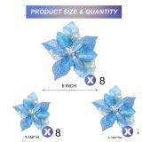 Boao 24 Pieces Christmas Artificial Glitter Poinsettia Flowers Xmas Flowers Wedding Christmas Tree New Year Ornaments(Blue)