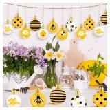 Barydat 24 Pcs Mini Christmas Balls Ornament 1.57 Inch Sunflower Bee Farmhouse Hanging Decorations Yellow Tree Decorations Themed Party Supplies for Christmas Tree(Bee Style)