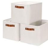 HNZIGE Large Fabric Storage Basket Organizers (3 PCS), Foldable Decorative Shelf Baskets with Leather Handles (Cream, 15\" x 11\" x 9.5\")