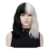 QACCF Short Wavy Shoulder Length Women Full Bang Heat Resistant Wig (Black and White)