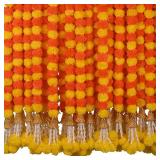 DIYANA IMPEX Marigold Garland for Decoration 5 Pcs of 5 feet Long Strands Artificial Marigold Flowers with Bell, Indian DÃ©cor for Pooja/Diwali Decorations/Christmas (Orange + Yellow)