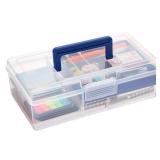 JUXYES Plastic Carry Storage Box with Removable Dividers, Clear Art Craft Supply Storage Bin Sewing Box with Handle Lid, 2 Layers Stationery Storage Case for School/Office Supplies