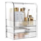 GearFusion 3 Tier Clear Cosmetic Organizer, Makeup Display Case with Lid & Drawers, Countertop Dresser Vanity Storage Box, Beauty Holder for Skincare Lipstick Brush
