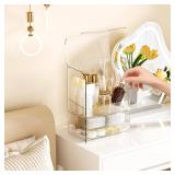 GearFusion 3 Tier Clear Cosmetic Organizer, Makeup Display Case with Lid & Drawers, Countertop Dresser Vanity Storage Box, Beauty Holder for Skincare Lipstick Brush