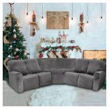 LightInTheBox 7-Piece Velvet Stretch Reclining Couch Covers 5 Seats Corner Sofa Cover L Shape Sectional Recliner Sofa Covers for Sofa Anti Slip Furniture Protector Thick Soft Washable (Gray)