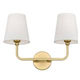 METWET 2 Light Bathroom Vanity Light, Brushed Gold Double Wall Sconce with Flared White Fabric Shade, Modern Sconces Wall Lighting for Hallway Bedroom Stairway, VL837-BG