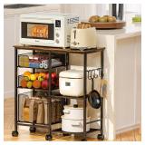 LUMAMU Kitchen Cart with Storage Shelf - Kitchen Organizer and Storage Cart, 3-Tier Microwave Cart with Storage Drawers, Wooden Top Metal Wire Utility Cart with Lockable Wheels for Kitchen