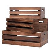 SENRYEE Wood Crates For Storage,Decorative Vintage Brown Wooden Crates For Display,Handmade Solid Wood Boxes,Set Of 3 Rustic Black Wooden Crate. (vintage brown)