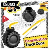 Amyhill 12 Pieces 12 oz Construction Monster Truck Shaped Cups Set Party Favors Truck Construction Cups with Orange Straw Birthday Halloween Christmas Supplies Decoration Plastic for Kids Party