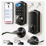Veise VE017-L Fingerprint Smart Lock with 2 Lever Handles, Keyless Entry Front Door Lock Set, App Control, Electronic Digital Keypad Deadbolt, Easy Installation, Emergency Power Port, Matte Black