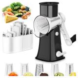 Rotary Cheese Grater Shredder 5-in-1 Tumbling Box Mandoline Vegetable Julienne Slicer Waffle Cutter Nut Chopper, Black