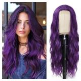 YBYMCAI Long Purple Wavy Wigs for Women Middle Part Dark Purple Wig 26 inch Natural Curly Synthetic Wig Heat Resistant Fiber Wigs for Daily Party Use