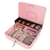 Cash Box with Money Tray and Key Lock, Money Box with Safe Locking, Money Saving Lock Box for Cash Register 11.8\"x9.45\"x3.54\" Pink XL Large