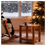 Utoplike Teak Side Table Outdoor, Patio End Table Double Layer, Wooden Coffee Accent Tables for Backyard, Garden, Bed, Living Room, Couch, Two-Tier