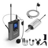 HOTEC UHF Wireless Headset Microphone/Lavalier Lapel Mic with Bodypack Transmitter and Mini Rechargeable Receiver 1/4\" Output for Vlogging or Speech