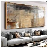 $110 Abstract Wall Art Yellow Black Ink Canvas Painting, 24x48, Framed