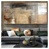 $110 Abstract Wall Art Yellow Black Ink Canvas Painting, 24x48, Framed